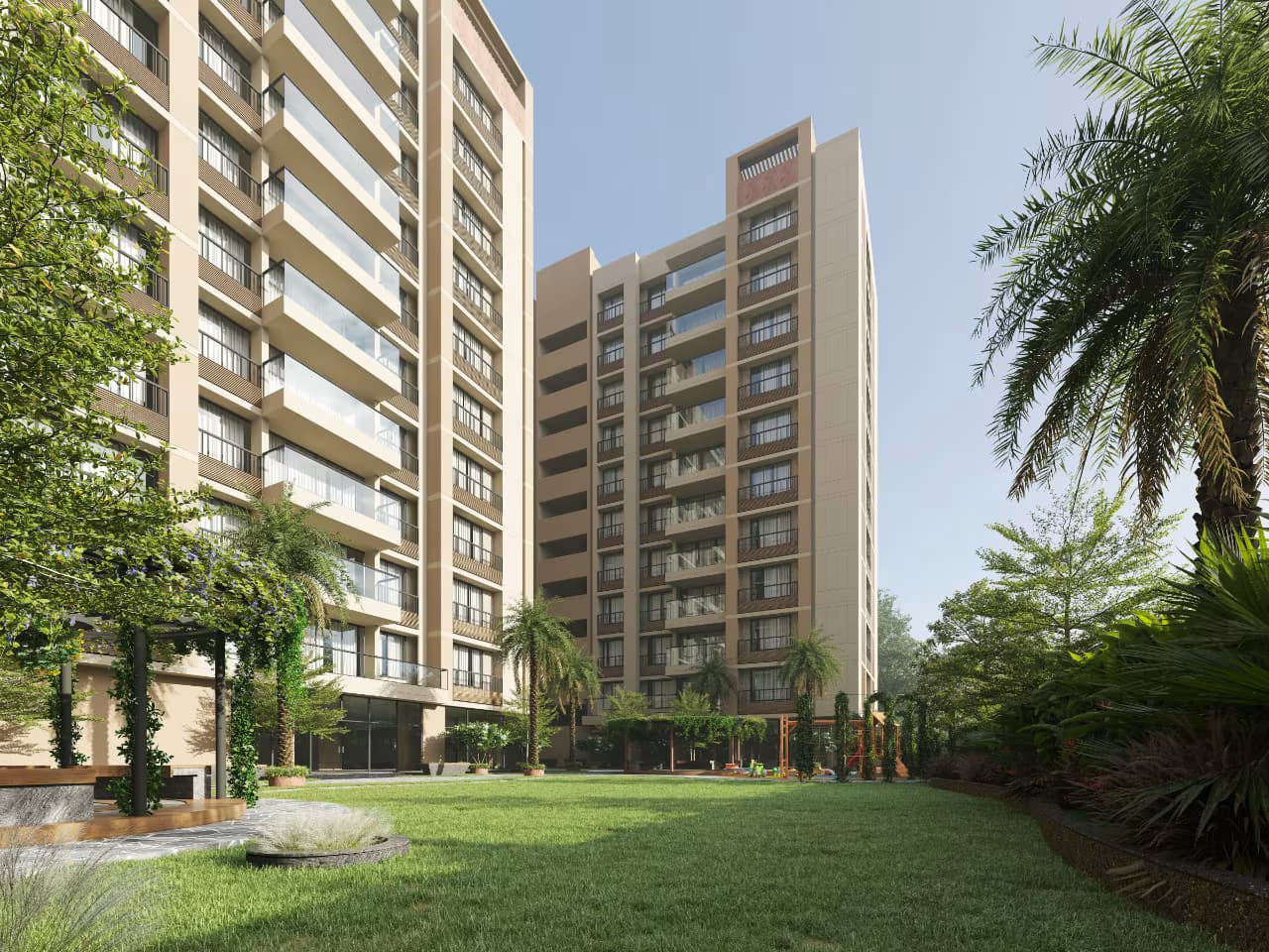 Luxury commercial complex with green spaces