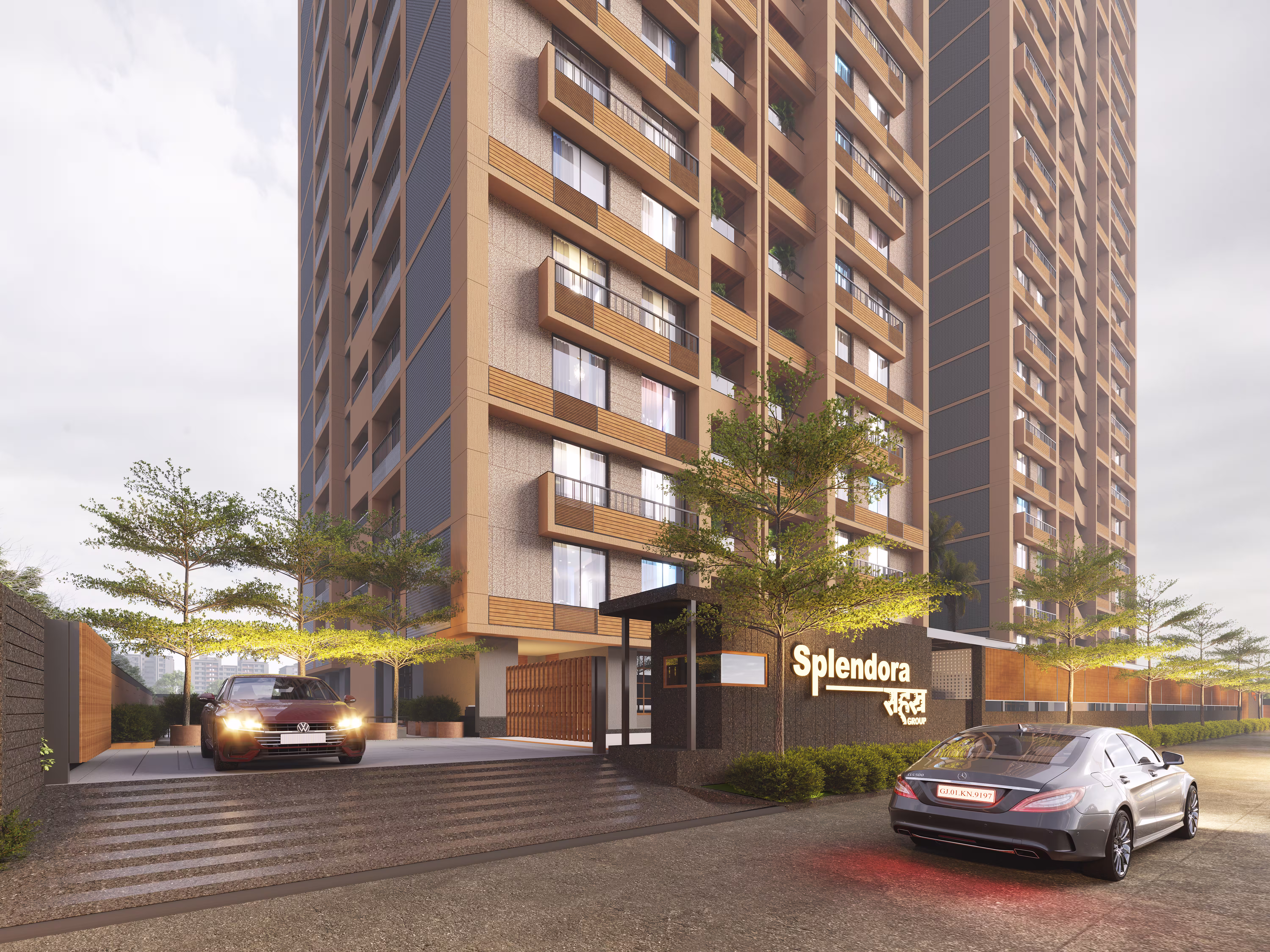 Luxury commercial complex with green spaces